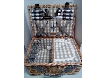 Brand New Unused Picnic Service For Four With Utensils, Dishes, Goblets & Wine Opener   C2