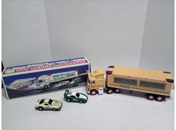 HESS 1997 Toy Truck Hauling Two Racing Cars Inside- With Box E-1