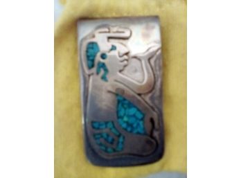 Vintage Mayan God Vintage Sterling Silver & Turquoise Money Clip Marked 925 MEXICO (and Pouch)  D3