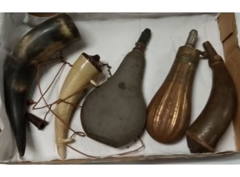 Five Black Powder Holders- Three Horns, One Tin And One Copper.            C1