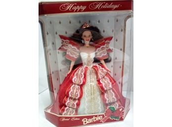 1997 Rare Special Edition (Vintage) Happy Holidays Barbie - Dressed In Red, Gold Color And White Finery   D5