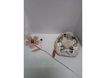 Whimsical Garden Additions - Resin Stone Look Ground Sign And Copper Flower Stake E3