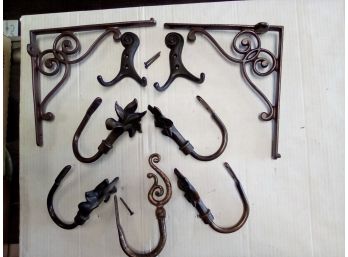 Metal Collection Of 6 Curtain Tie Backs, Including G-Cleffs,  2 Coat Hooks, And 2 Corner  Accents   E5