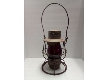 Vintage Dietz No. 59 Vulcan Metal And Red Glass Shade Kerosene Lantern  E4