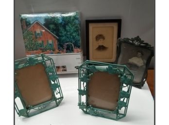Green Metal Picture Frames, Two Antique Photos & Double New Photo Albums.         C3