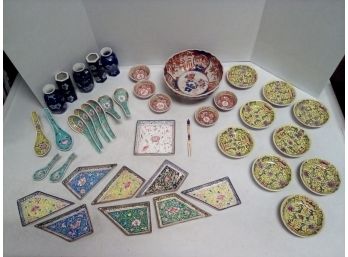 Large 39 Pc. Collection Of Asian Style Porcelain And Enamel Ware Serving Pieces   B4