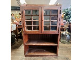 Antique Oak Shelf Unit With Glass Door Cabinets, Lower Shelves & A Top Gallery Shelf, Brass Hardware & Lock