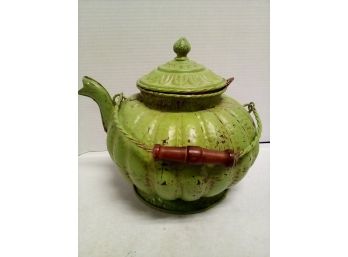 Vintage Green Lidded Decorative Metal Teapot With Wood & Metal Handle B3