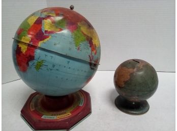 Vintage Tin Globes - Smaller One Is A Bank  (As You Save So You Prosper Written At Base)  A2