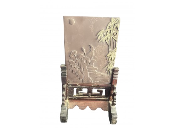 Antique Chinese Hand Carved Slate On Wood Stand