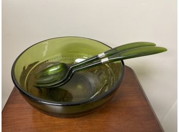 Vintage Green Salad Bowl And Utensils