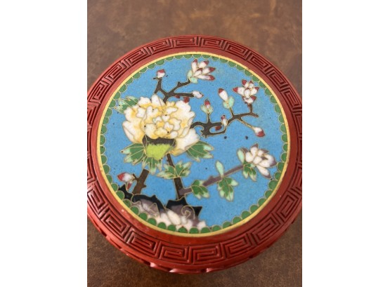 Cinnabar Covered Trinket Box With Cloisonne Floral Cover