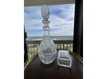 Crystal Decanter And Covered Crystal Etched Cigarette Box