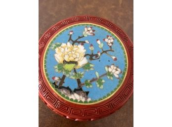 Cinnabar Covered Trinket Box With Cloisonne Floral Cover