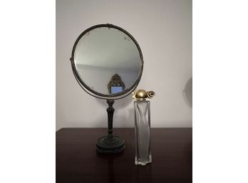 Antique Dresser Top Shaving Mirror, And Magnifying Mirror, With French Perfume Bottle