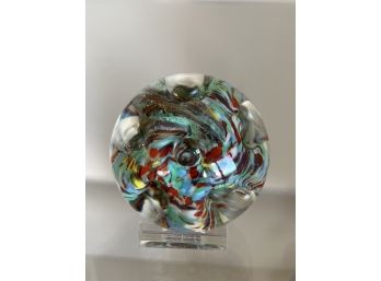 Murano Paperweight, Controlled Bubble, With End Of Day Glass