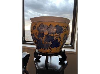 Ceramic Flower Pot On Stand, Blue And Yellow