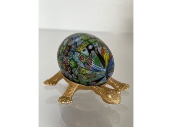 Murano Millefiori Egg Shaped Paperweight In A Gilt Turtle Stand