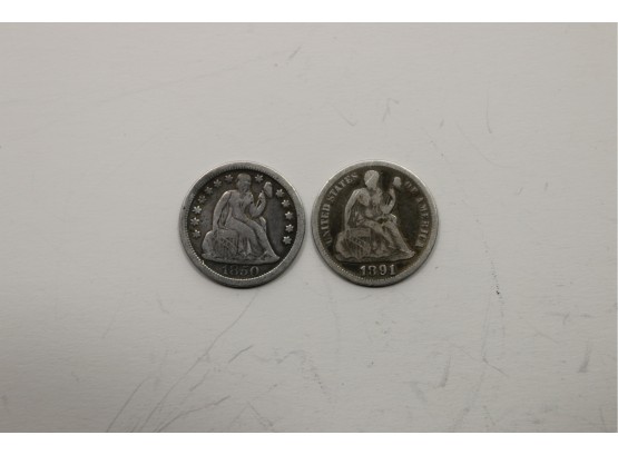 1850 And 1891 Silver Seated Liberty Dimes Coin