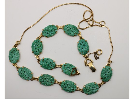 Vintage Gold Filled Cut Carved Jade Necklace And Bracelet