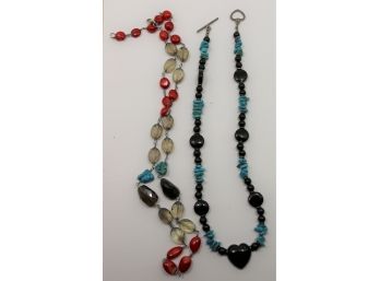 2 Sterling Silver Bead Necklaces Onyx Turquoise Crystal