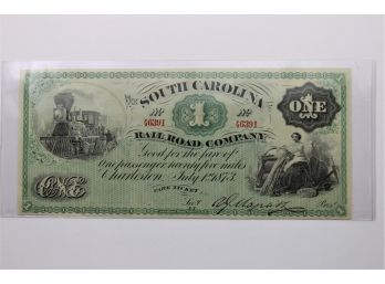 1873 South Carolina Railroad Company $1 Fare Ticket Currency Note