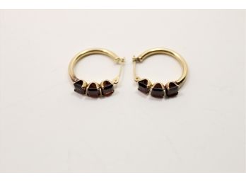 14k Yellow Gold Garnet Hoop Earrings