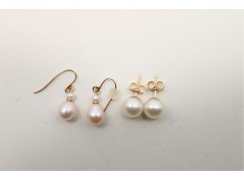 2 Sets Of 14k Yellow Gold Pearl Earrings