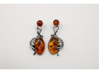 Sterling Silver Amber Earrings Studs With Enhancers