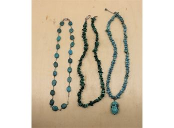 3 Stone Bead Necklaces Turquoise Malachite Sterling Silver