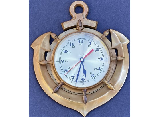 Vintage YH Anchor Nautical Quartz Heavy Brass Wall Clock 13 In. X 11 In. Tested And Working