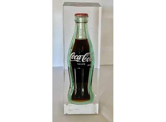Vintage Coca Cola Soda Bottle 6.5 Oz. Encased In Lucite Acrylic 9 In. Height 4 Pounds Weight Display Piece