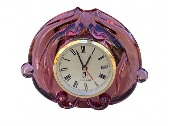 1970's Fenton Cranberry Rose Glass Mantel Desk Table  Clock Tested Working 4.5 In. Height