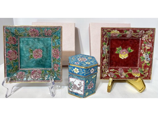 Vintage Enamel Painted Square Plates With Boxes, Enamel Painted Lidded Trinket Box