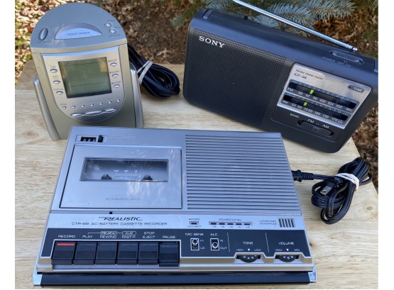 3 Vintage Electronics: Sony 2 Band Radio, Nature Sounds Alarm Clock,  Cassette Recorder ALL WORKING