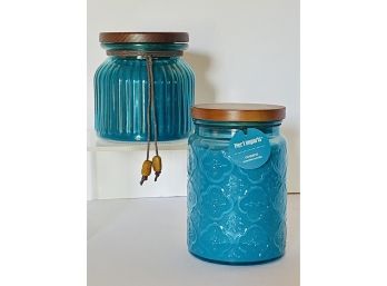 Two Unused Retired Pier 1 Imports 'Oceans' Scent Blue Jar Candles One With Original Tag Wooden Covers