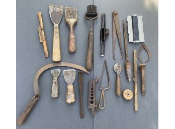 Antique And Vintage Assorted Tool Lot - Railroad Spike, Wood Folding Ruler, Scythe, Chisel Others