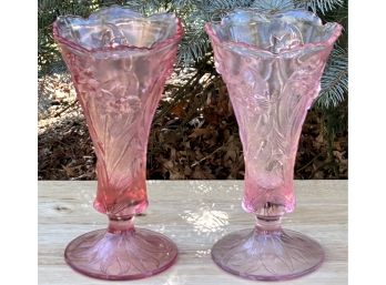 Pair Of 2 Fenton Rose Pink Daffodil Pattern Vases 7.5 In. Height ( READ Description)