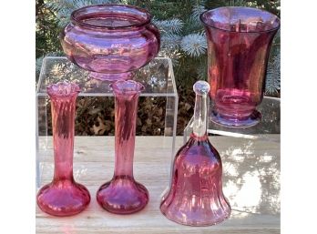 Five Piece Lot # 1 - Assorted Pigrim Cranberry Glass Bud Vases 7.5 In., Bell 8 In., Vase 6 In., Bowl 4.5 '