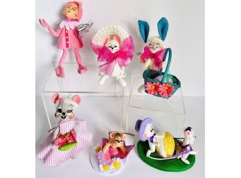 Vintage Annalee Easter Lot Of 6 Figures Dolls PInk Elf - Mouse On Butterfly - Bunny & Basket- Others