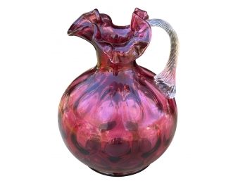 Vintage Fenton Glass Cranberry Bubble Optic 7 In. Tall Pitcher Applied Handle