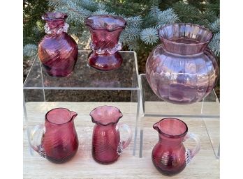 Six Piece Lot # 3 Pilgrim Glass -Wide Mouth Vase, 2 Small Vases 3 Small Pitchers Applied Handles