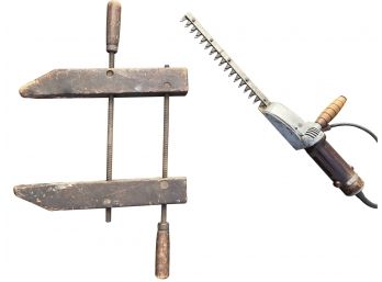 Vintage Wood Vice 20 In. X 16 In. And Sunbeam Hedge Trimmer A-1-A Hedge Trimmer 16' L ( READ Description)