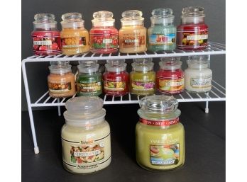 Unused Yankee Candle Lot # 6 Two  Medium 14.5 Ounces Jars - 12 Small Assorted 3.7 Ounce Jars Assorted Scents