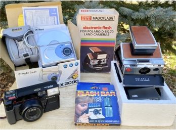 Camera Lot -Polaroid Land Camera & Flash, Pentax AF Zoom, Nikon Cool Pix 2000 Box & Instructions UNTESTED
