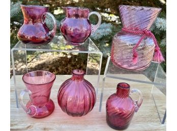 Vintage 6 Piece Pilgrim  Cranberry Glass Lot - 2 Vases - 4 Small Pitchers Applied Handles Lot # 2