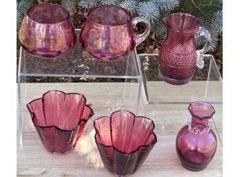 Vintage Pilgrim Cranberry Glass - Creamer & Sugar, 3 In. Vase, 1 Bennington 3.5 In. Pitcher, Fluted Bowls
