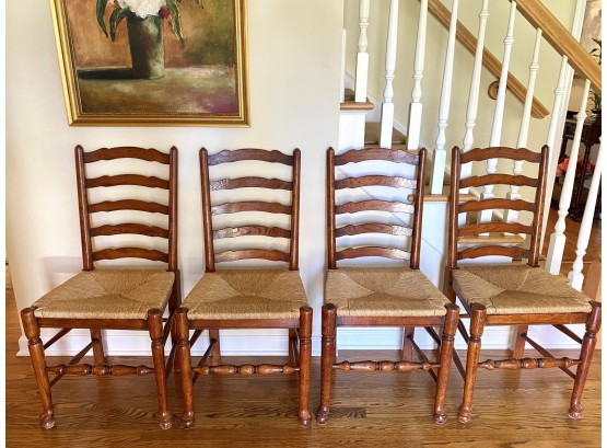 Set Four Oak Ladder Back Chairs With Rush Seats  (LOC: W1)