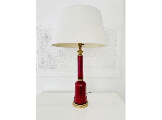 Ruby Red Antique Glass Bell Lamp W Asian Brass Finial   (LOC: S1)