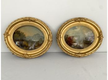 Beautiful Pair 14' Plein Air Style Oval 19th C Reverse Paintings On Canvas  (LOC: S1)